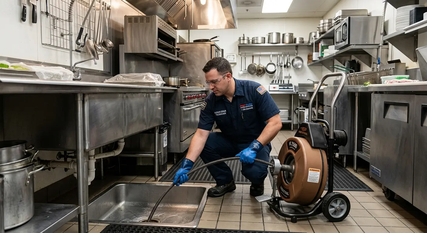 Commercial drain cleaning service in a restaurant kitchen in Lake Shore